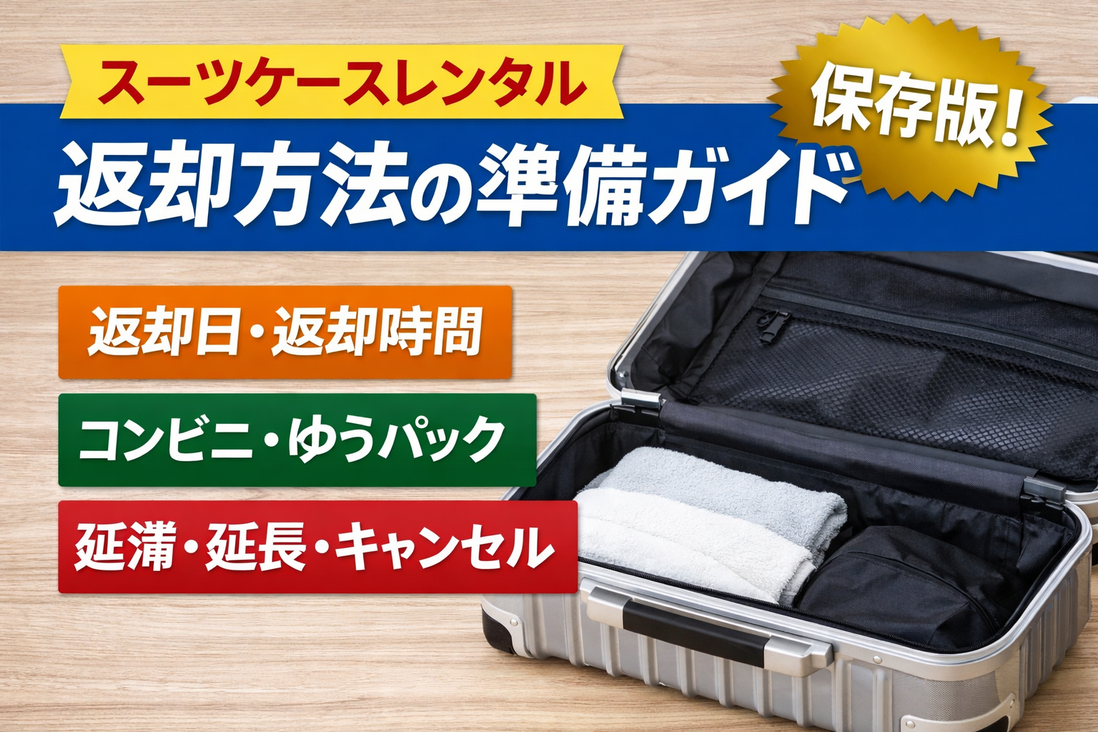 アールワイレンタルの返却方法（返却日・返却時間、コンビニ返却・ゆうパック、延長/延滞、キャンセル）をまとめたアイキャッチ画像
